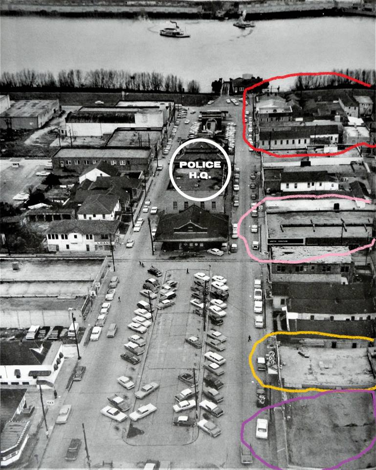 Red circle indicates are where Clover Club, Bank Club and Blue Light Inn were located, pink is Billionaire Club, yellow was Sammy Marcello bar Joy Club and purple is Jefferson Amusement. In relation to Gretna PD.