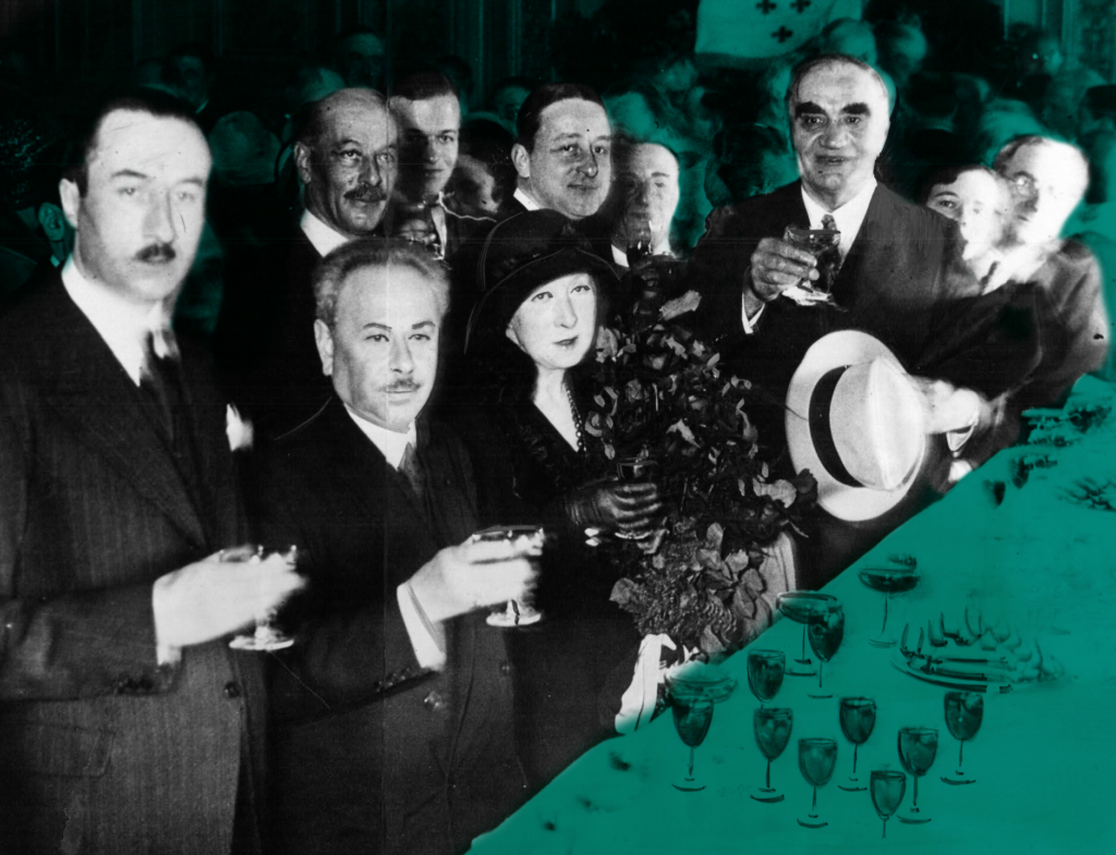 Somewhere lost in this sea of American and French mayors at a convention in France, is Los Angeles Mayor John Porter, who refused to join in with his comrades during this toast to the Presidents of both countries. Porter adamantly expressed that he wanted to uphold the laws of prohibition, even while abroad. Le Havre, France, 1931, author’s personal collection.