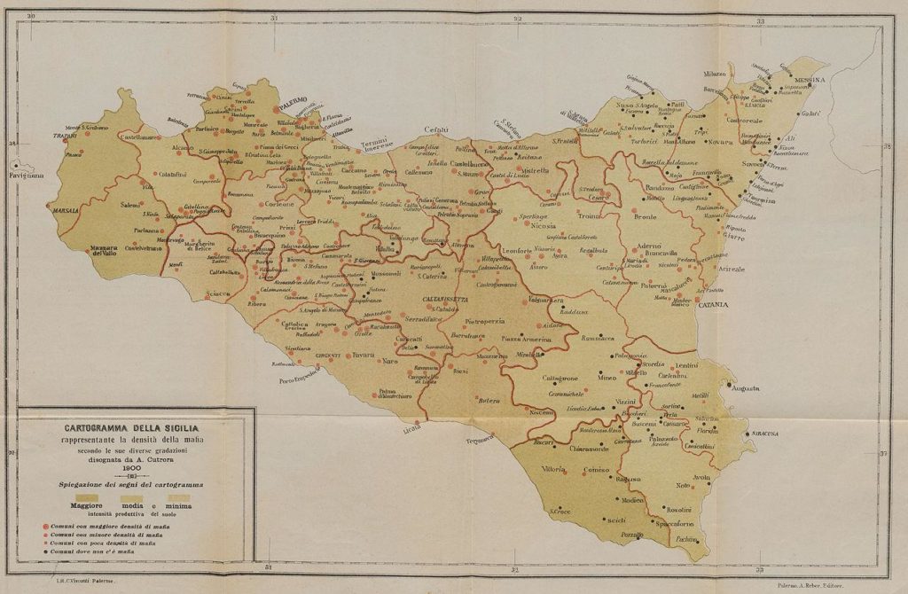 This map shows the Mafia presence in Sicily circa 1900. The red dots signify the towns with Mafia activity.
