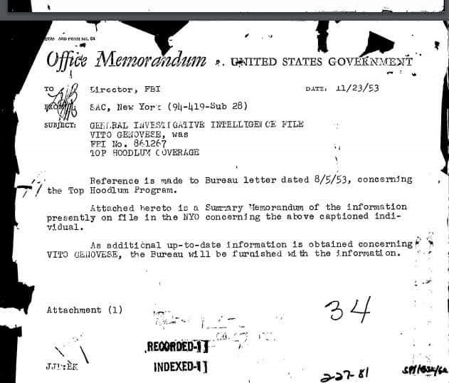 memo to the director of the FBI, J Edgar Hoover dated the 23rd November 1953.