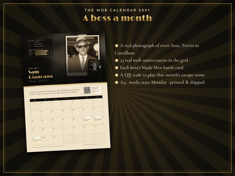 A month page from the Mob Calendar 2027 with a real photograph of the boss and the dates of famous hits